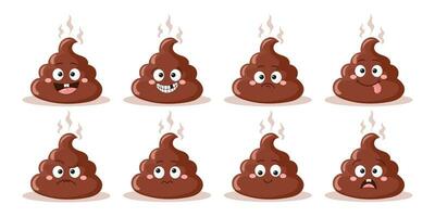 Set of cute poop icon characters on white background. Different emotions of brown poop. Smiling poop, anger, bewilderment, joy, disappointment. Vector