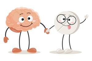 Cartoon kawaii character brain holding hands with medical pill. A cheerful mind gets help with anti-stress medications. Medicine and healthcare. Vector