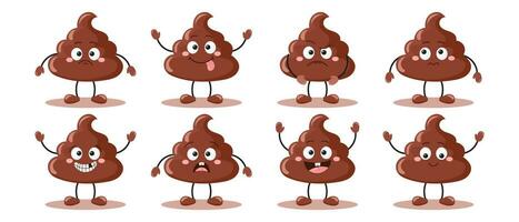 Set of cute cartoon characters poop icons on white background. Different emotions poop. Smiling poop, anger, bewilderment, joy, disappointment. Vector