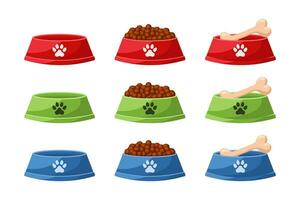 A set of dog bowls, empty, with bones and dry food. Bowls with dog prints. Illustration in flat style. Vector