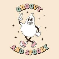 Groovy lettering card for halloween. Groovy and Spooky calligraphy and cute funny ghost character. Retro design for posters, cards, t shirts vector