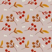 Seamless pattern, rowan branches and twigs with leaves on a beige background. Autumn print, textile, background, vector