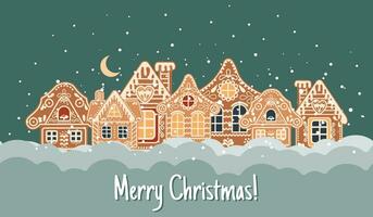 Christmas card with calligraphy, gingerbread houses in the snow with the night sky and moon. Illustration in flat cartoon style. Vector