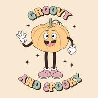 Groovy lettering card for halloween. Groovy and Spooky calligraphy and cute funny pumpkin character. Retro design for posters, cards, t shirts vector