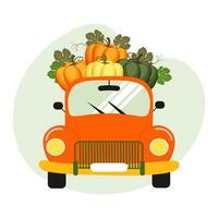 acción de gracias ilustración. vistoso calabazas en un retro coche. tarjeta postal, vector