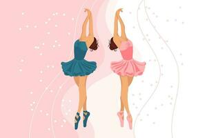 A pair of dancing ballerinas in dresses and pointe shoes on an abstract background. Illustration, vector