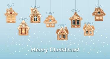 Christmas background with hanging cute gingerbread houses in the snow, greeting card template. Illustration in flat style. Vector