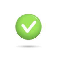 3D check mark icon. Realistic green button with a checkmark on a white background. Vector