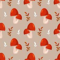 Seamless pattern, mushrooms, rowan, acorn and leaves on a beige background. Autumn print, textile, background, vector