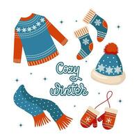 Christmas set of clothes, sweater, socks, hat, scarf and mittens. Blue design with snowflakes. Illustration, vector