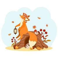 A cute fox with a lantern on a stump and a tree with autumn leaves. Cartoon illustration, baby print, vector