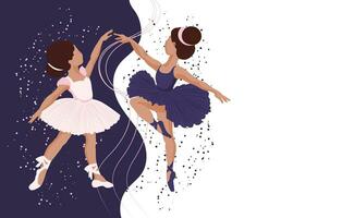 A pair of dancing girls ballerinas in dresses and pointe shoes on a floral background. Illustration, vector