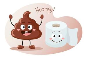 Cute cartoon icons of poop and toilet paper roll on a white background. Smiling poop and toilet paper characters. Vector