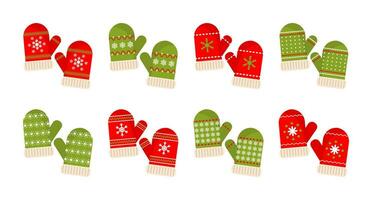 Winter mittens with snowflake ornament, set. Winter clothes and accessories. Icons, vector