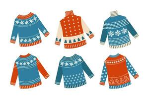 Winter knitted sweaters with ornaments of snowflakes and Christmas trees, set. Icons, vector