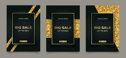 Set of luxury discount banners with gold frames and glitter. Big sale, super offer. Templates, brochures, vector