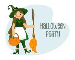 Cute witch girl in a costume with a pumpkin and a broom. Halloween illustration in cartoon style, invitation, vector