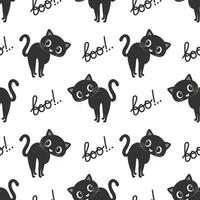 Halloween seamless pattern, black cats and the word Boo. Background, print, textile, vector