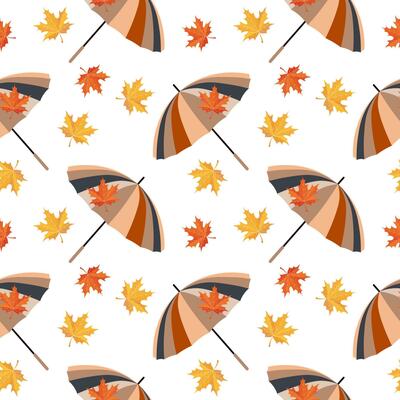 Seamless pattern, umbrellas with autumn leaves. Print, background, vector
