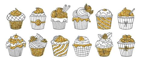 Set of hand drawn holiday cupcakes decorated with gold glitter. Icons, holiday design elements. Vector