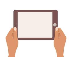 Hands holding a blank screen of a tablet computer. Tablet PC use, flat design. Vector