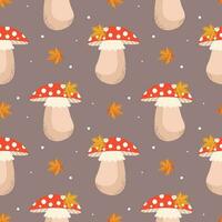Seamless pattern, cute fly agaric mushrooms and autumn leaves on a gray background. Print, background, vector