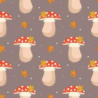 Seamless pattern, cute fly agaric mushrooms and autumn leaves on a gray background. Print, background, vector