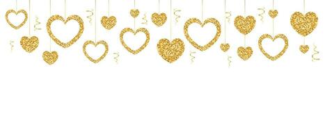 White background for text with golden glitter hanging hearts. Festive background. Vector