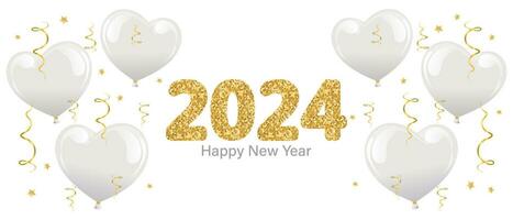 Happy New Year 2024. Christmas background with gold glitter numbers 2024 and heart balloons on a white background. Template, banner, vector