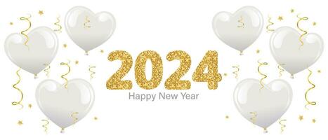 Happy New Year 2024. Christmas background with gold glitter numbers 2024 and heart balloons on a white background. Template, banner, vector