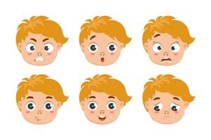Set of boy faces with different emotions. Icons, vector