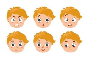 Set of boy faces with different emotions. Icons, vector