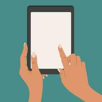 Hands holding a blank screen of a tablet computer. Tablet PC use, flat design. Vector