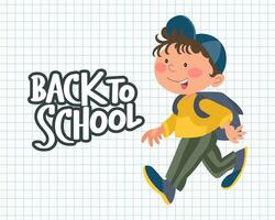 Back to school background with cute schoolboy with school bag and calligraphy on school notebook checkered background. Illustration, vector