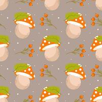 Seamless pattern, cute fly agaric mushrooms and autumn leaves on a gray background. Print, background, vector