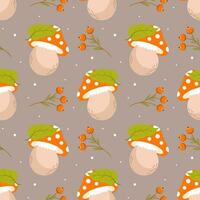 Seamless pattern, cute fly agaric mushrooms and autumn leaves on a gray background. Print, background, vector