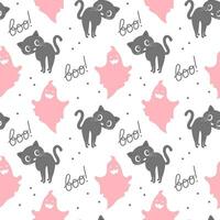 Seamless pattern, cute pink ghosts, cats and the word boo. Halloween print, background, textile, vector