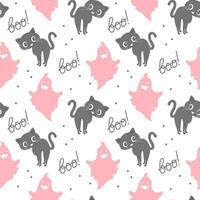 Seamless pattern, cute pink ghosts, cats and the word boo. Halloween print, background, textile, vector