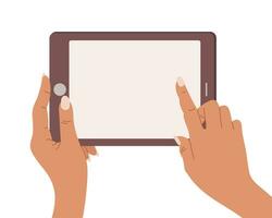 Hands holding a blank screen of a tablet computer. Tablet PC use, flat design. Vector