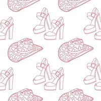 Cute pink seamless pattern with retro cowgirl hats and high heel shoes. Background, print for girls. Vector