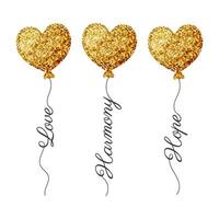 Set of heart balloons with gold glitter and calligraphy. Cute greeting templates for any occasion. Vector