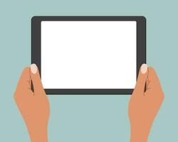 Hands holding a blank screen of a tablet computer. Tablet PC use, flat design. Vector