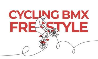 Single continuous pattern cycling BMX freestyle. Colored elements and title. One line vector illustration