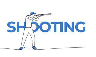 Single continuous drawing of a man shooting. Shooting, sports. Colored elements and name. One line vector illustration