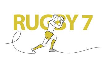 Single continuous drawing of a running athlete with a ball. Rugby Sevens. Colored elements and title. One line vector illustration