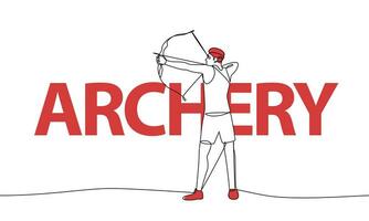 Single continuous drawing of a man shooting an arrow. Archery. Colored elements and title. One line vector illustration