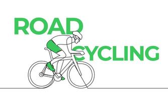 Single continuous drawing. Road cycling, Track Cycling. Colored elements and title. One line vector illustration