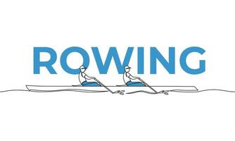 Single continuous drawing. Rowing. Water sport. Colored elements and title. One line vector illustration