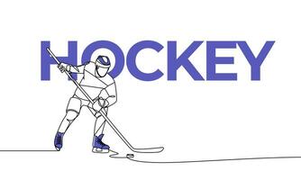 Single continuous drawing of a hockey player on the ice. Hockey. Colored elements and name. One line vector illustration