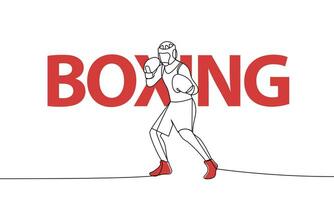 Single continuous drawing of a boxer in a pose. Boxing. Colored elements and title. One line vector illustration